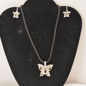 Cookie Lee Beautiful Set Black/Clear Crystal Butterfly Earrings & 14" Necklace